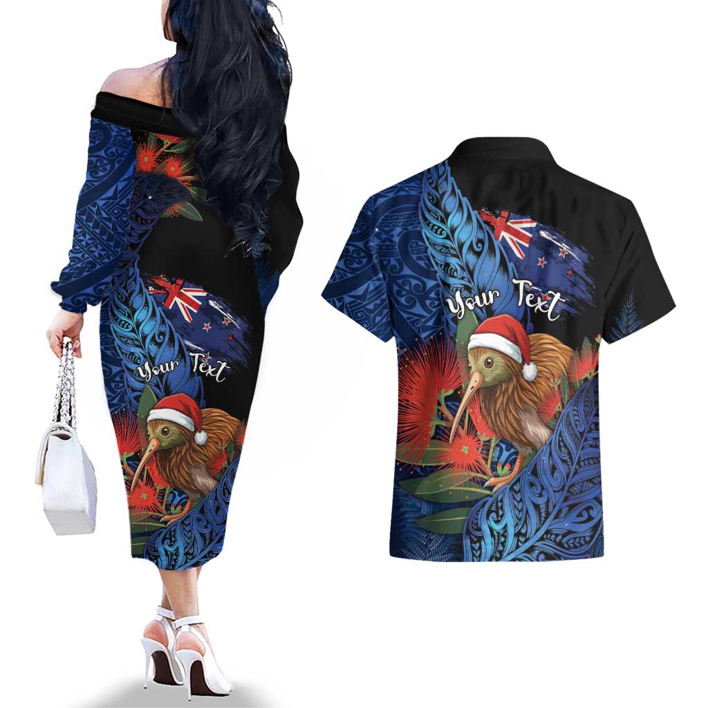Personalised New Zealand Christmas Couples Matching Off The Shoulder Long Sleeve Dress and Hawaiian Shirt Santa Kiwi Bird With Pohutukawa Flowers - Polynesian Pride