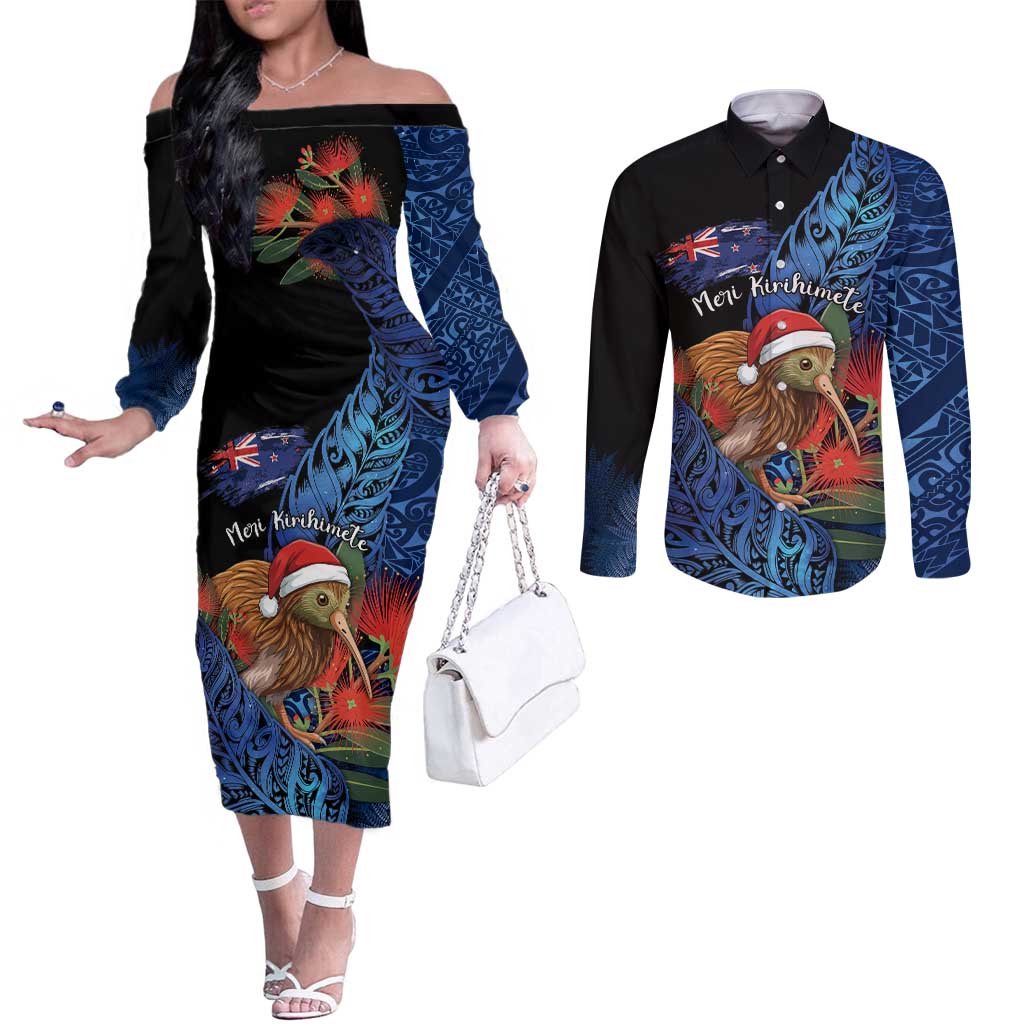 Personalised New Zealand Christmas Couples Matching Off The Shoulder Long Sleeve Dress and Long Sleeve Button Shirt Santa Kiwi Bird With Pohutukawa Flowers - Polynesian Pride