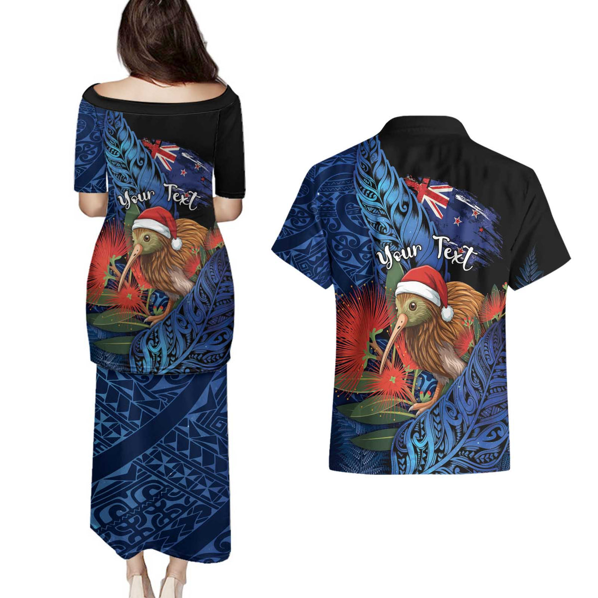 Personalised New Zealand Christmas Couples Matching Puletasi and Hawaiian Shirt Santa Kiwi Bird With Pohutukawa Flowers - Polynesian Pride