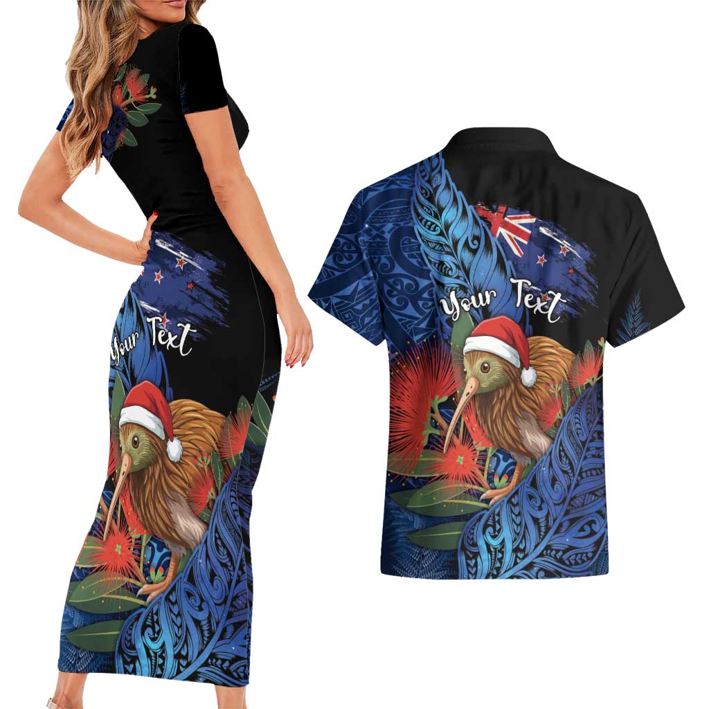 Personalised New Zealand Christmas Couples Matching Short Sleeve Bodycon Dress and Hawaiian Shirt Santa Kiwi Bird With Pohutukawa Flowers - Polynesian Pride
