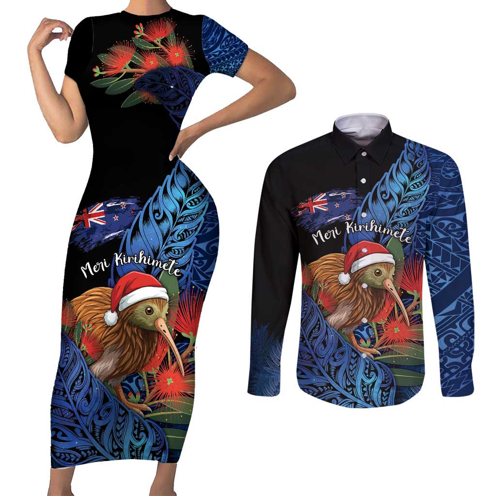 Personalised New Zealand Christmas Couples Matching Short Sleeve Bodycon Dress and Long Sleeve Button Shirt Santa Kiwi Bird With Pohutukawa Flowers - Polynesian Pride