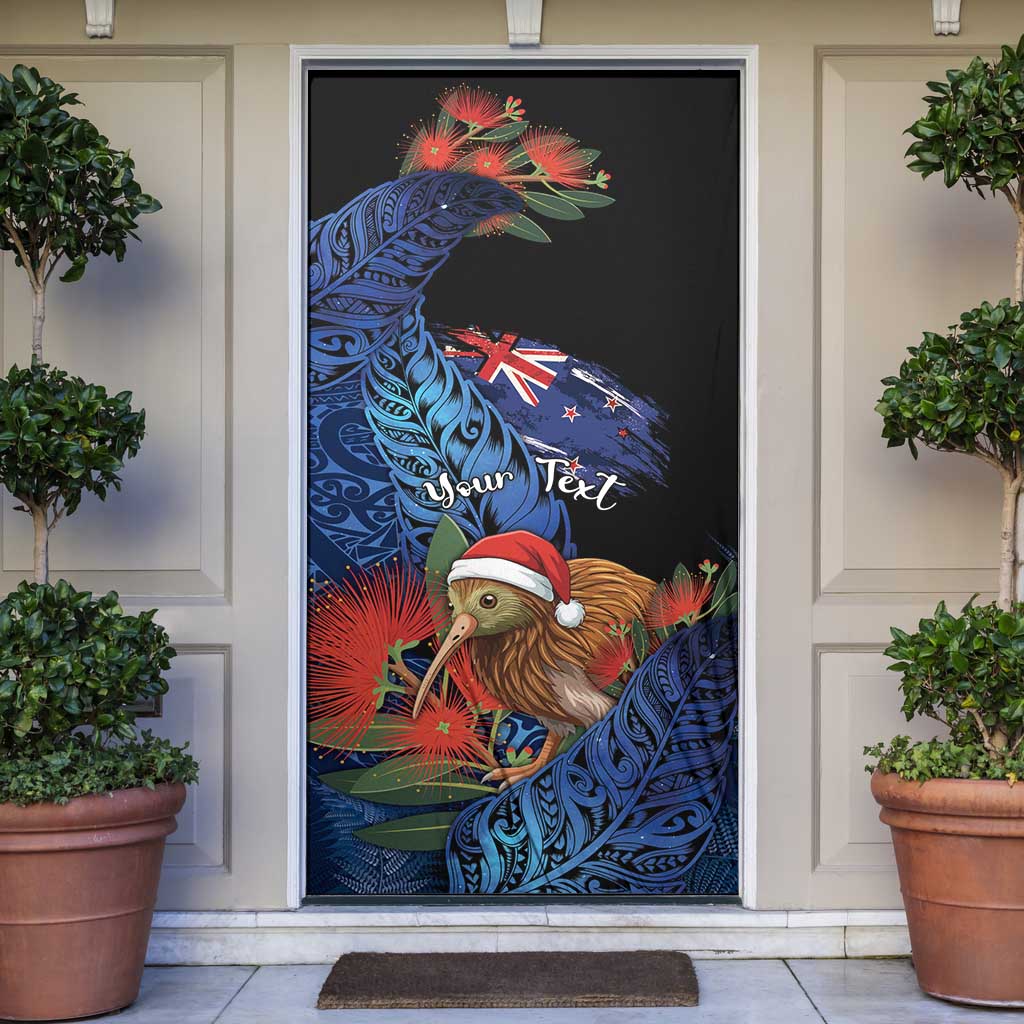 Personalised New Zealand Christmas Door Cover Santa Kiwi Bird With Pohutukawa Flowers - Polynesian Pride