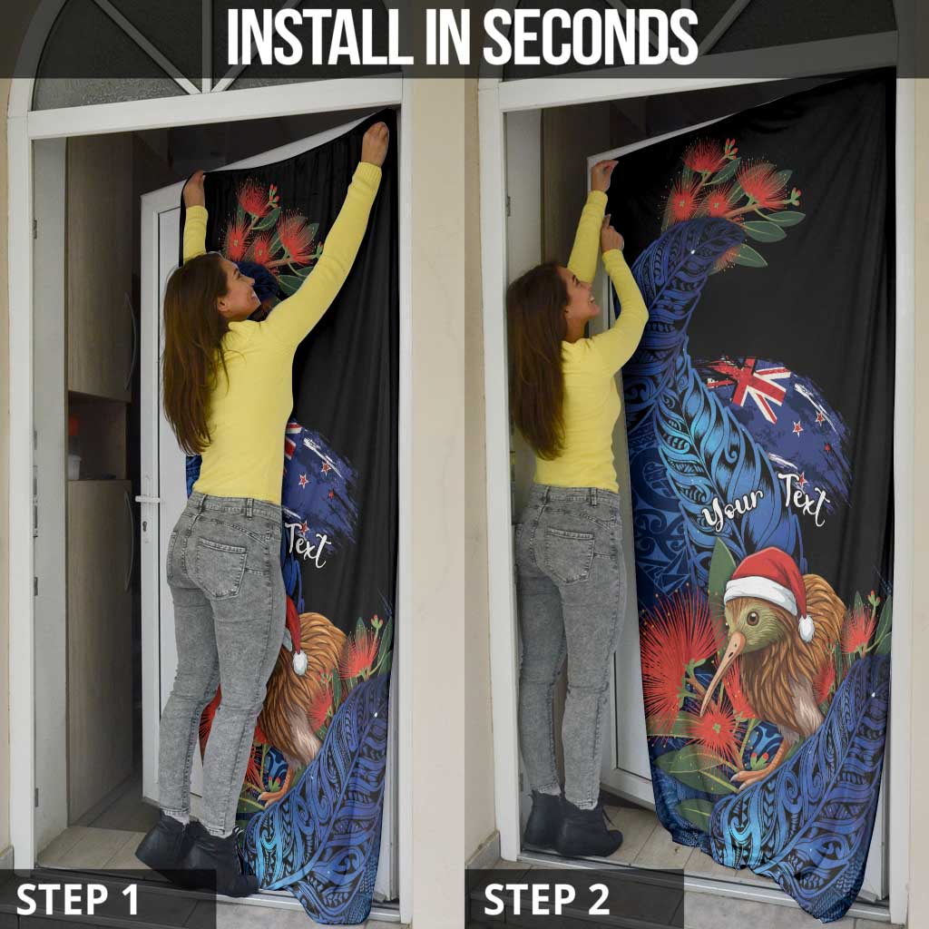 Personalised New Zealand Christmas Door Cover Santa Kiwi Bird With Pohutukawa Flowers - Polynesian Pride