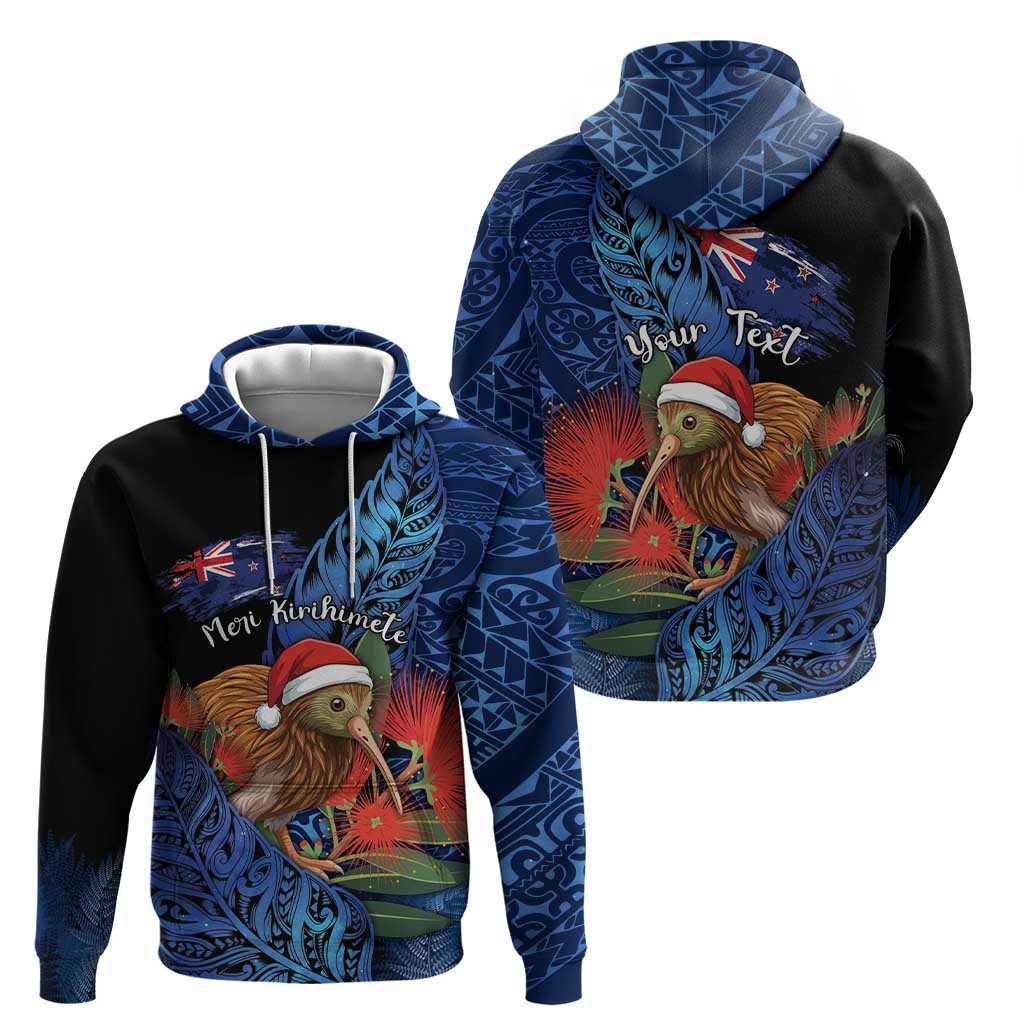 Personalised New Zealand Christmas Hoodie Santa Kiwi Bird With Pohutukawa Flowers - Polynesian Pride