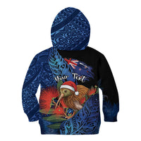Personalised New Zealand Christmas Kid Hoodie Santa Kiwi Bird With Pohutukawa Flowers - Polynesian Pride
