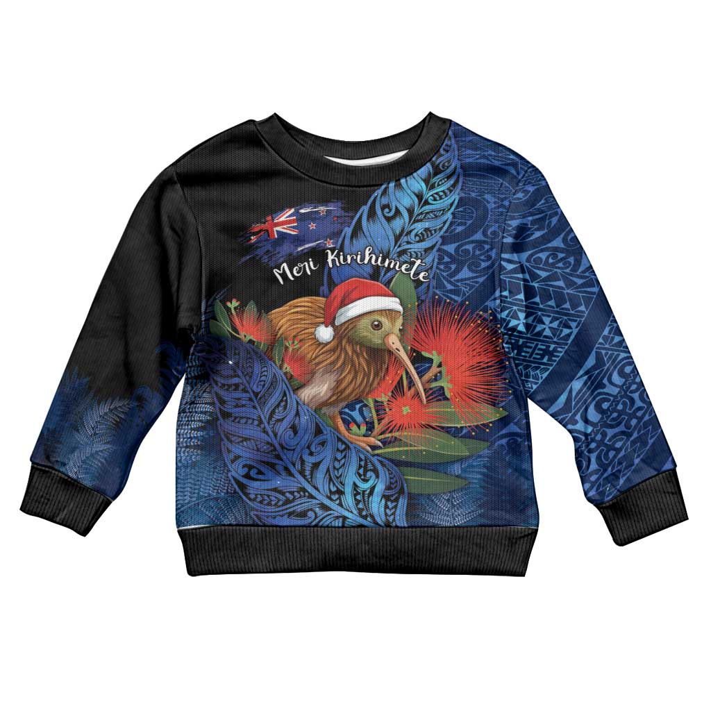 Personalised New Zealand Christmas Kid Ugly Christmas Sweater Santa Kiwi Bird With Pohutukawa Flowers - Polynesian Pride