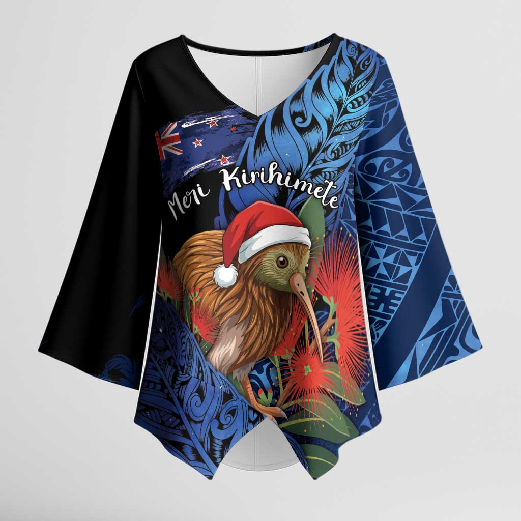 Personalised New Zealand Christmas Kimono Sleeve Blouse Santa Kiwi Bird With Pohutukawa Flowers - Polynesian Pride