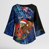 Personalised New Zealand Christmas Kimono Sleeve Blouse Santa Kiwi Bird With Pohutukawa Flowers - Polynesian Pride