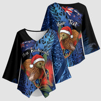 Personalised New Zealand Christmas Kimono Sleeve Blouse Santa Kiwi Bird With Pohutukawa Flowers - Polynesian Pride