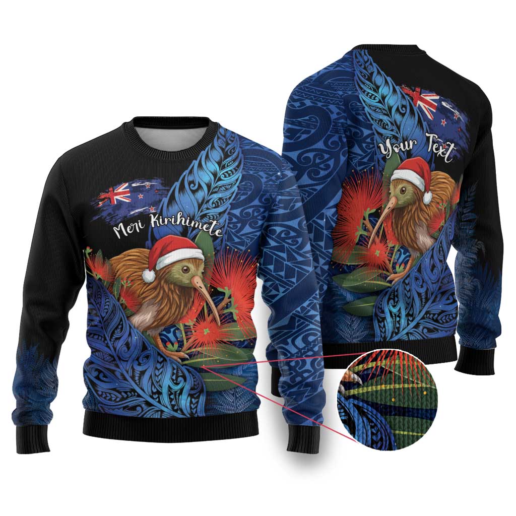Personalised New Zealand Christmas Ugly Christmas Sweater Santa Kiwi Bird With Pohutukawa Flowers - Polynesian Pride