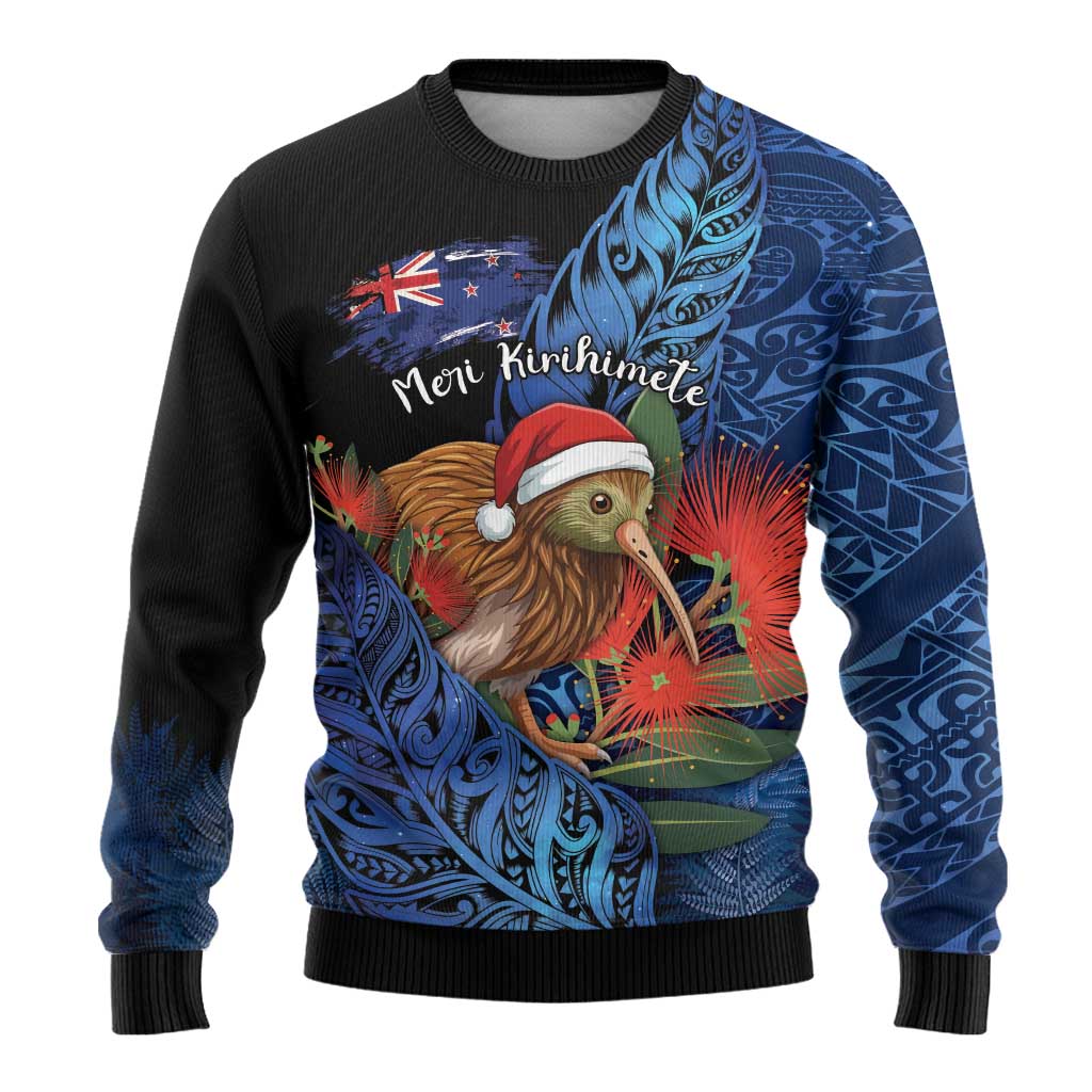 Personalised New Zealand Christmas Ugly Christmas Sweater Santa Kiwi Bird With Pohutukawa Flowers - Polynesian Pride