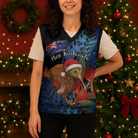 Personalised New Zealand Christmas Knitted V-Neck Vest Santa Kiwi Bird With Pohutukawa Flowers - Polynesian Pride