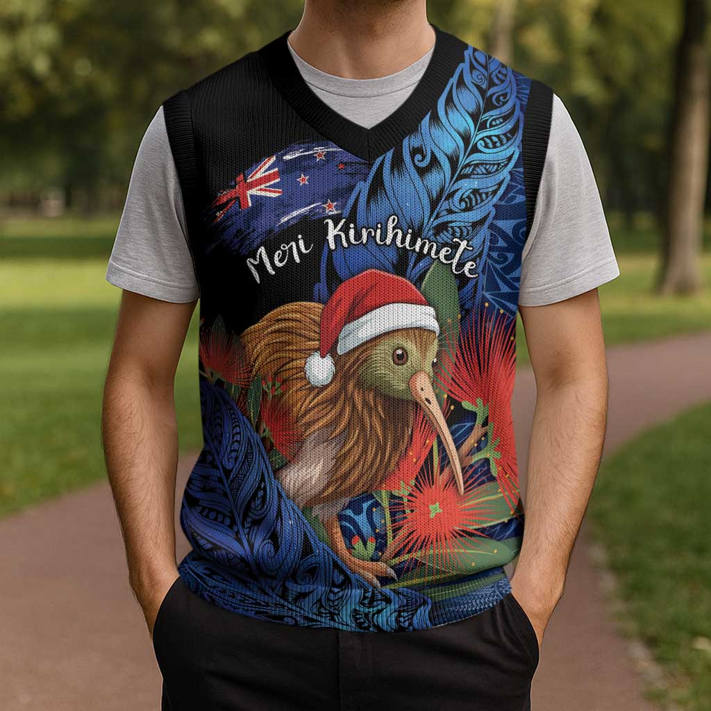 Personalised New Zealand Christmas Knitted V-Neck Vest Santa Kiwi Bird With Pohutukawa Flowers - Polynesian Pride