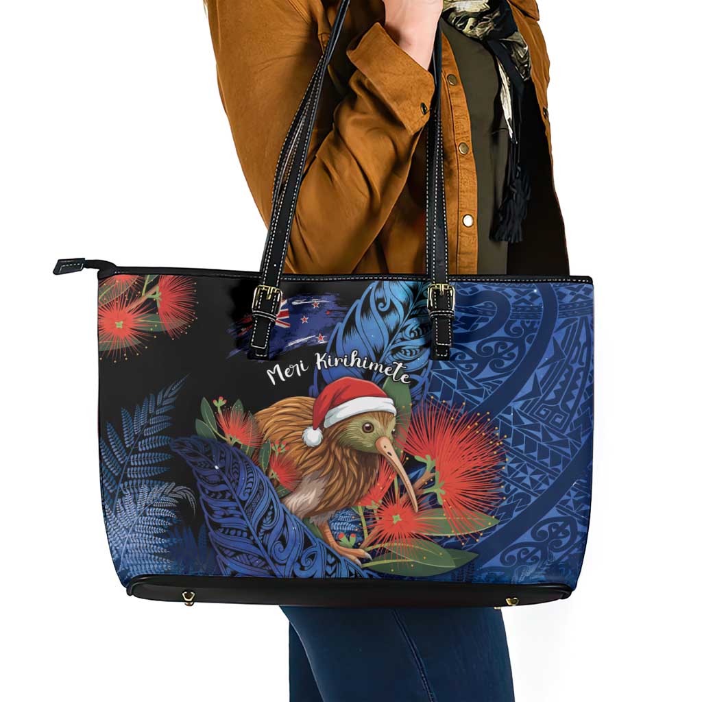 New Zealand Christmas Leather Tote Bag Santa Kiwi Bird With Pohutukawa Flowers - Polynesian Pride