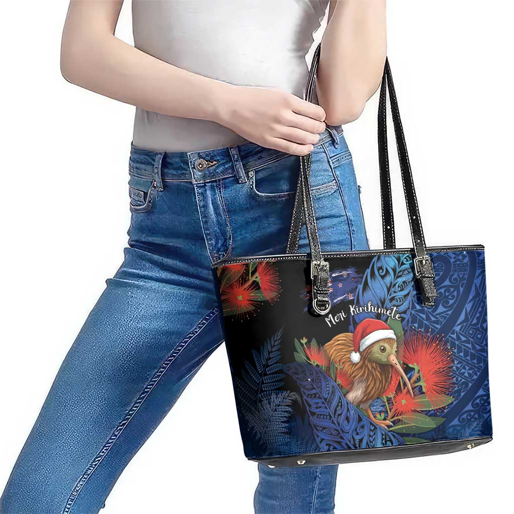 New Zealand Christmas Leather Tote Bag Santa Kiwi Bird With Pohutukawa Flowers - Polynesian Pride