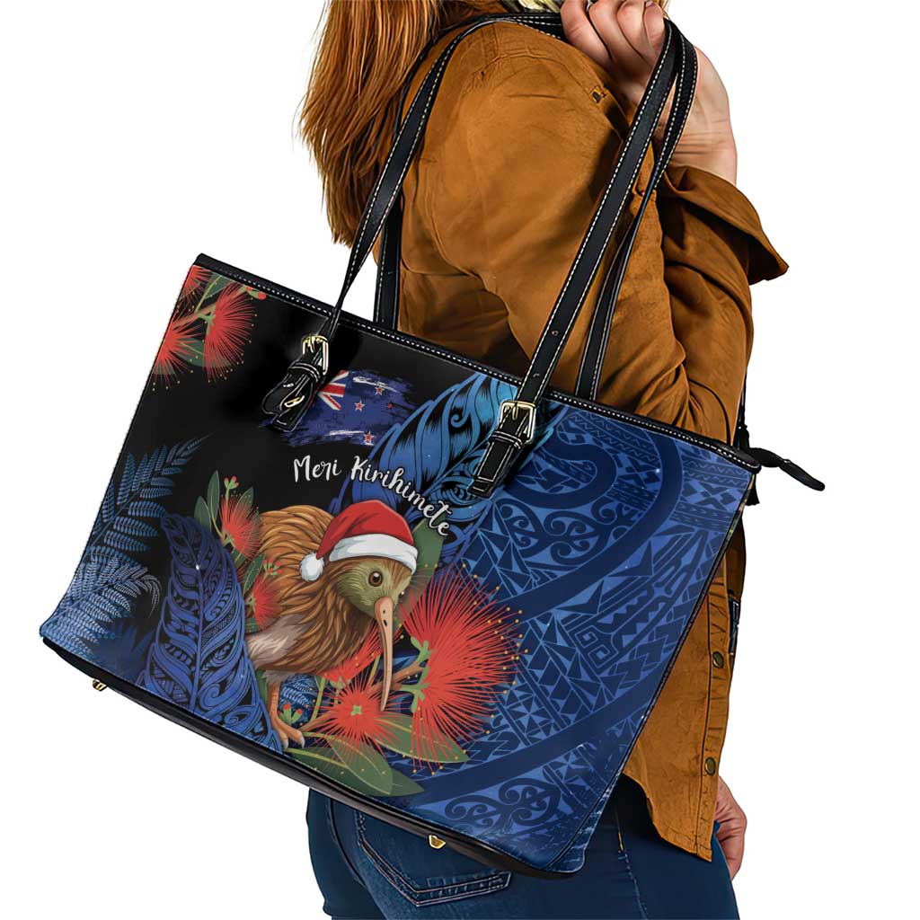 New Zealand Christmas Leather Tote Bag Santa Kiwi Bird With Pohutukawa Flowers - Polynesian Pride
