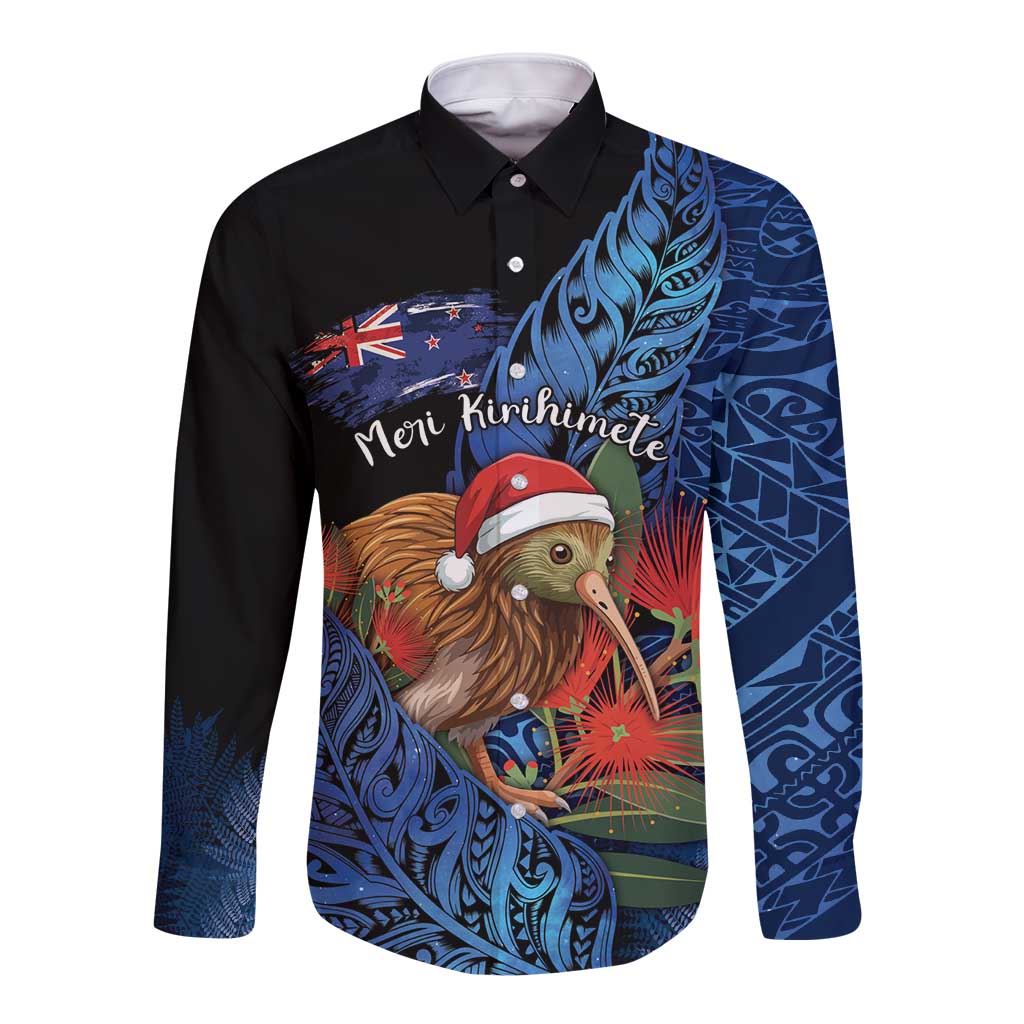Personalised New Zealand Christmas Long Sleeve Button Shirt Santa Kiwi Bird With Pohutukawa Flowers - Polynesian Pride