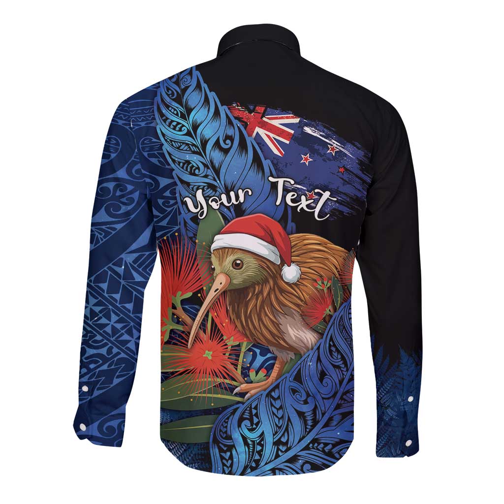 Personalised New Zealand Christmas Long Sleeve Button Shirt Santa Kiwi Bird With Pohutukawa Flowers - Polynesian Pride