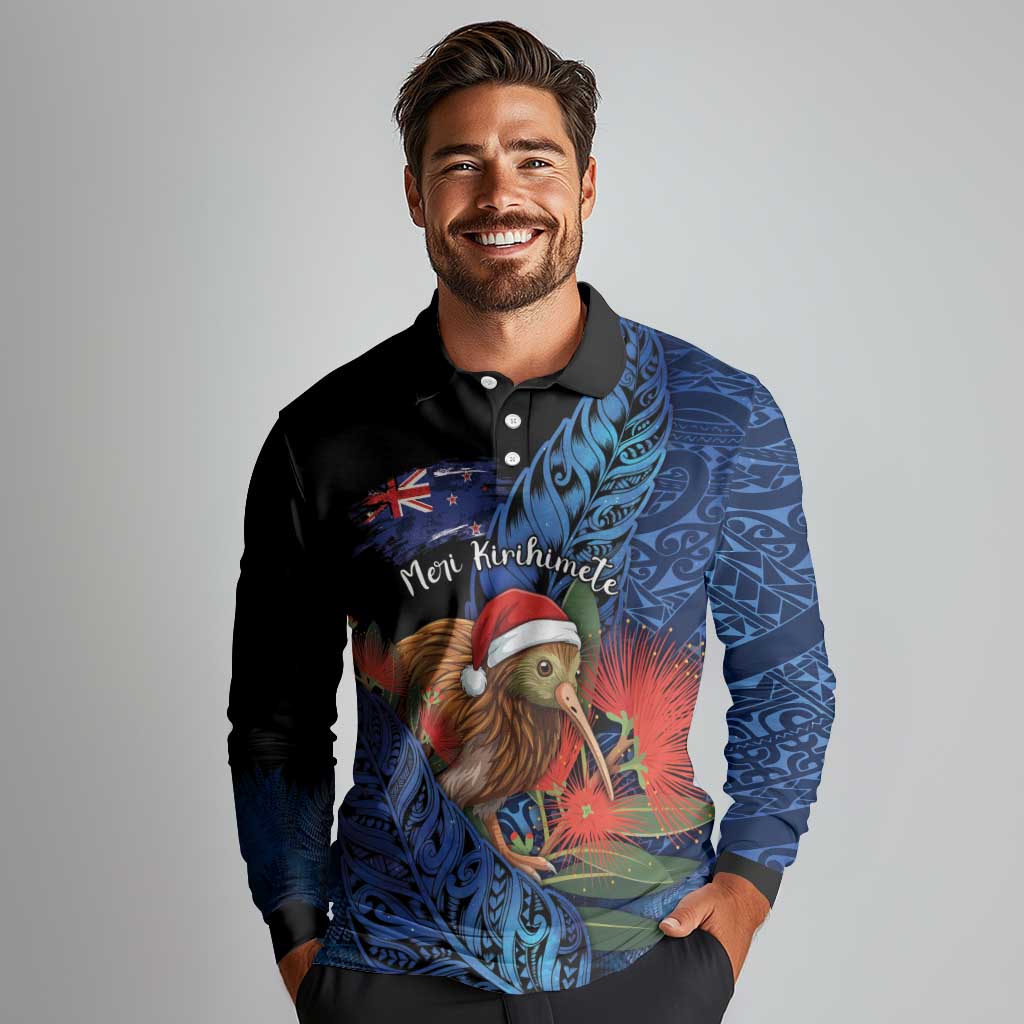 Personalised New Zealand Christmas Long Sleeve Polo Shirt Santa Kiwi Bird With Pohutukawa Flowers - Polynesian Pride