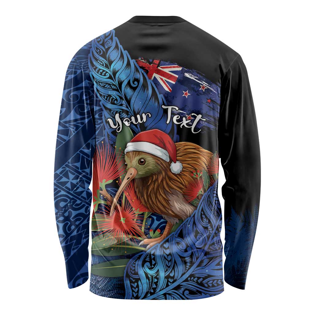 Personalised New Zealand Christmas Long Sleeve Shirt Santa Kiwi Bird With Pohutukawa Flowers - Polynesian Pride