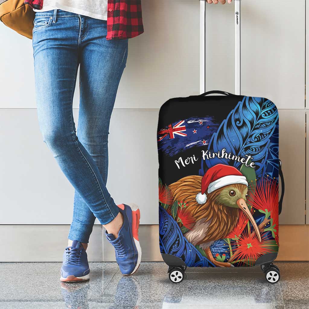 New Zealand Christmas Luggage Cover Santa Kiwi Bird With Pohutukawa Flowers - Polynesian Pride