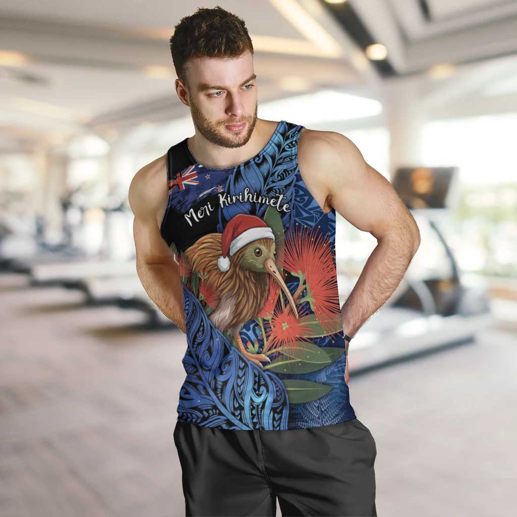 Personalised New Zealand Christmas Men Tank Top Santa Kiwi Bird With Pohutukawa Flowers - Polynesian Pride