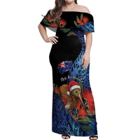 Personalised New Zealand Christmas Off Shoulder Maxi Dress Santa Kiwi Bird With Pohutukawa Flowers - Polynesian Pride