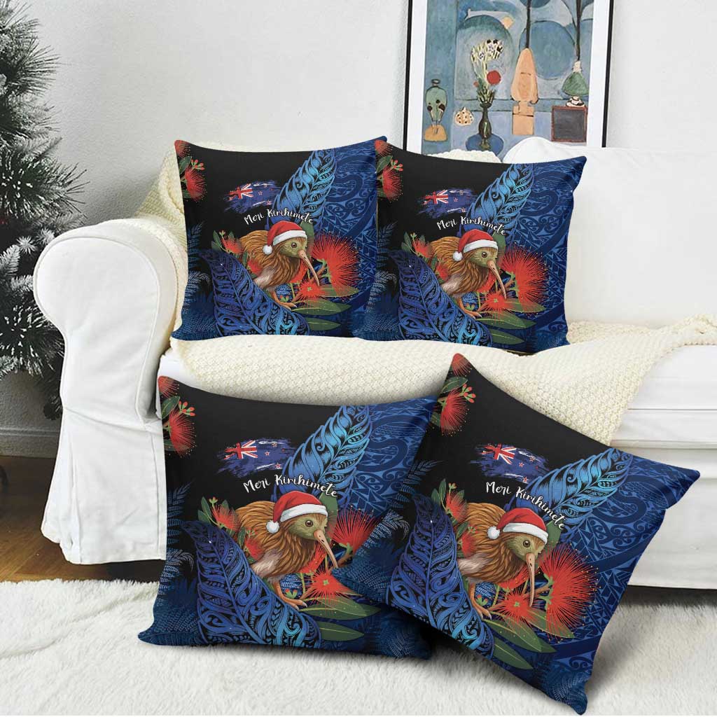 New Zealand Christmas Pillow Cover Santa Kiwi Bird With Pohutukawa Flowers - Polynesian Pride