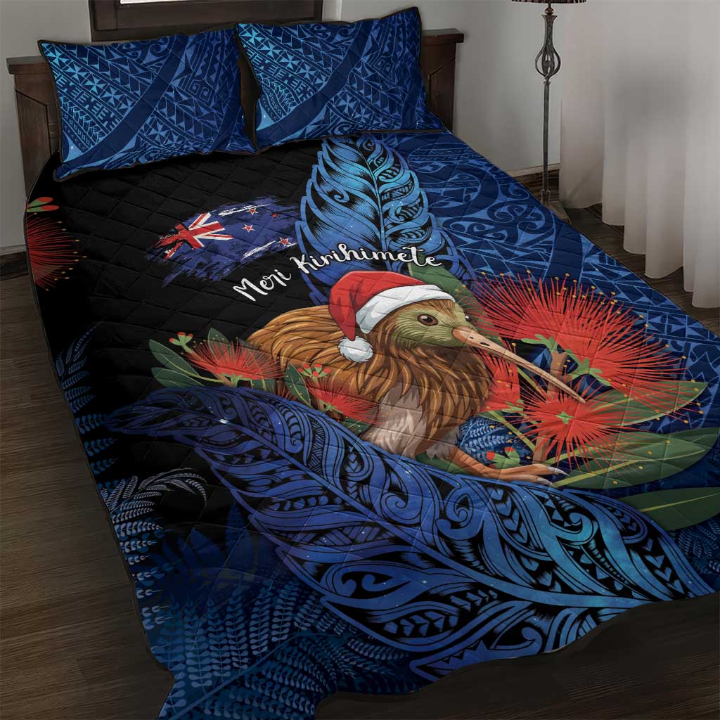 New Zealand Christmas Quilt Bed Set Santa Kiwi Bird With Pohutukawa Flowers - Polynesian Pride