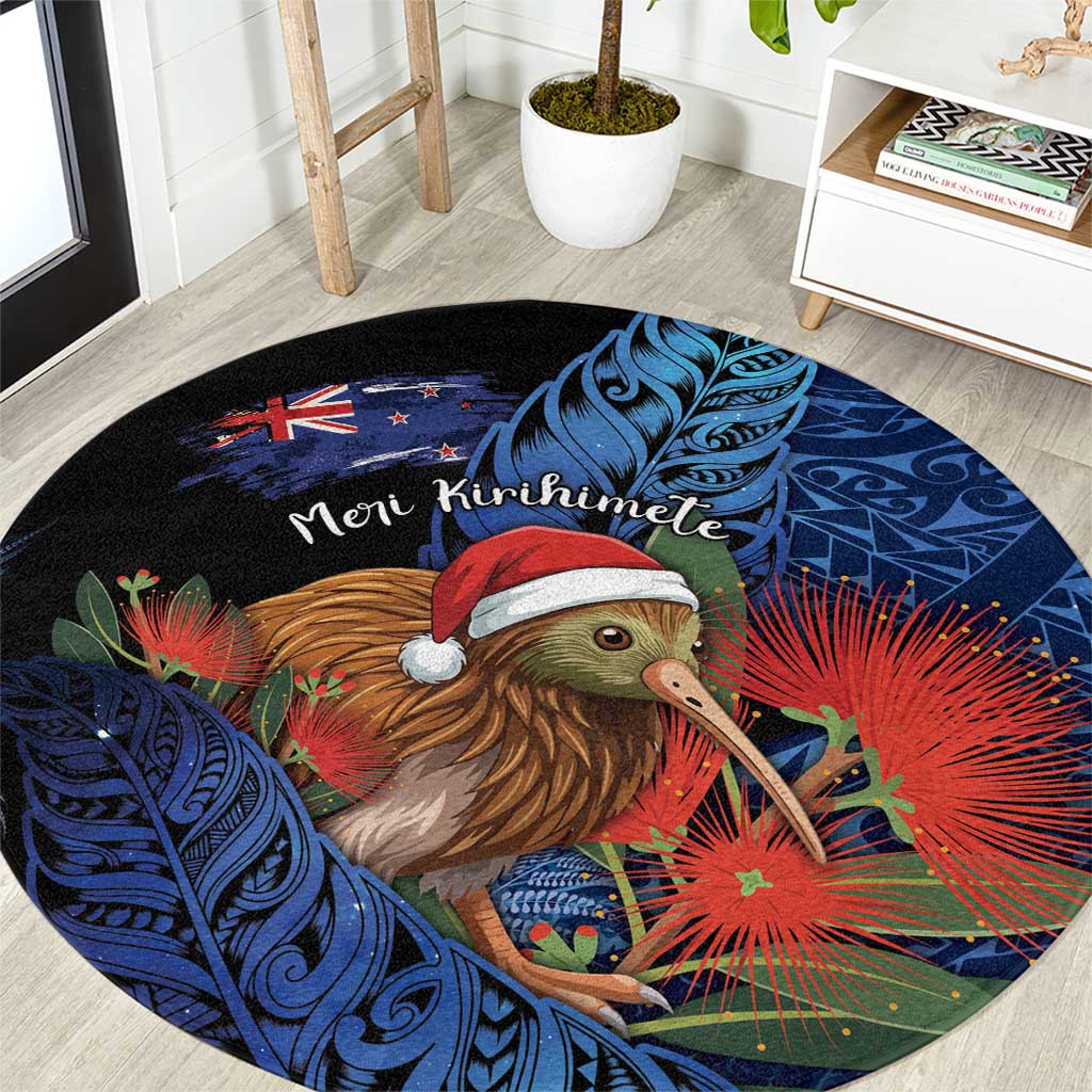 New Zealand Christmas Round Carpet Santa Kiwi Bird With Pohutukawa Flowers - Polynesian Pride