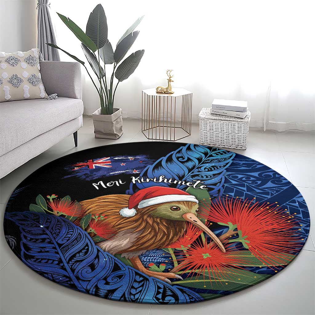 New Zealand Christmas Round Carpet Santa Kiwi Bird With Pohutukawa Flowers - Polynesian Pride