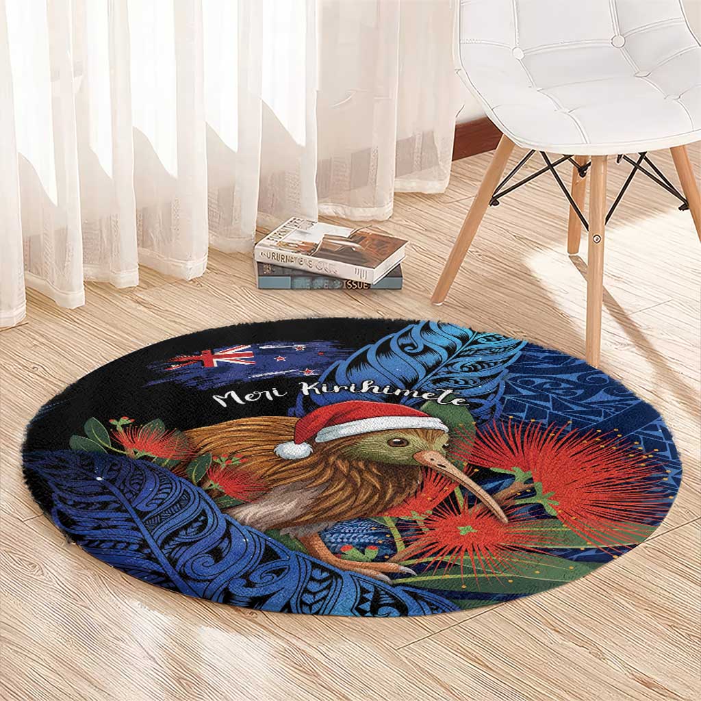 New Zealand Christmas Round Carpet Santa Kiwi Bird With Pohutukawa Flowers - Polynesian Pride