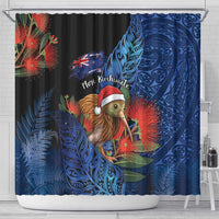 New Zealand Christmas Shower Curtain Santa Kiwi Bird With Pohutukawa Flowers - Polynesian Pride