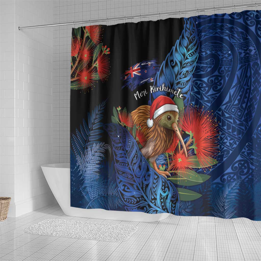 New Zealand Christmas Shower Curtain Santa Kiwi Bird With Pohutukawa Flowers - Polynesian Pride