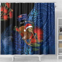New Zealand Christmas Shower Curtain Santa Kiwi Bird With Pohutukawa Flowers - Polynesian Pride
