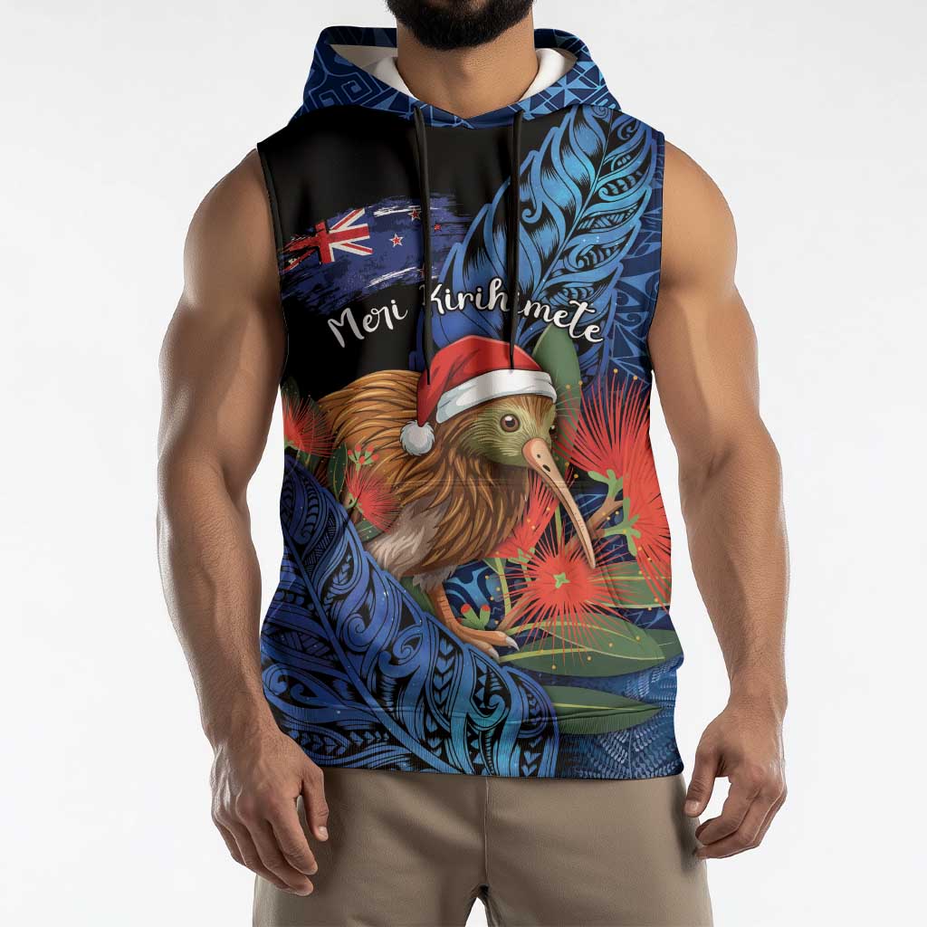 Personalised New Zealand Christmas Sleeveless Hoodie Santa Kiwi Bird With Pohutukawa Flowers - Polynesian Pride