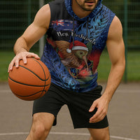 Personalised New Zealand Christmas Sleeveless Hoodie Santa Kiwi Bird With Pohutukawa Flowers - Polynesian Pride