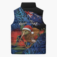 Personalised New Zealand Christmas Sleeveless Puffer Jacket Santa Kiwi Bird With Pohutukawa Flowers - Polynesian Pride