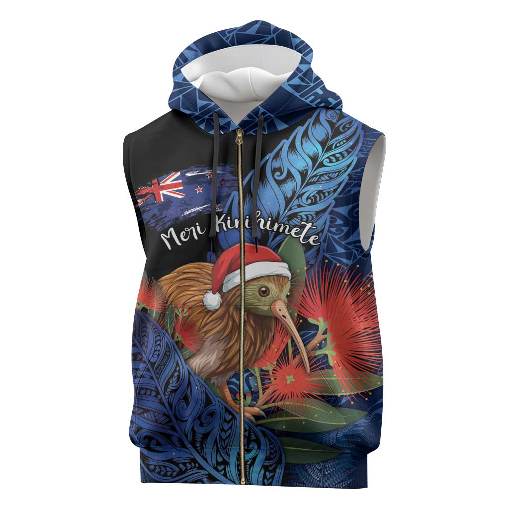 Personalised New Zealand Christmas Sleeveless Zip Hoodie Santa Kiwi Bird With Pohutukawa Flowers - Polynesian Pride