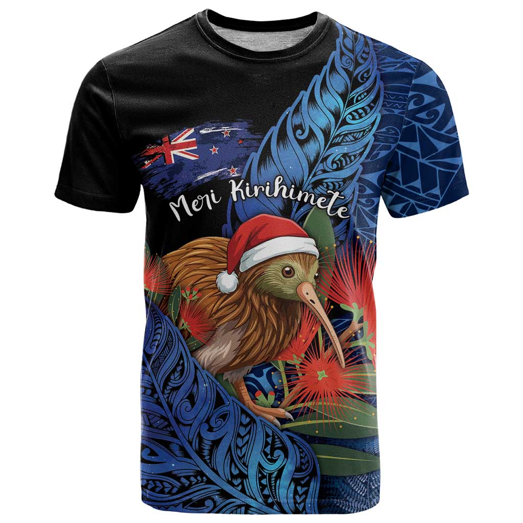 Personalised New Zealand Christmas T Shirt Santa Kiwi Bird With Pohutukawa Flowers - Polynesian Pride