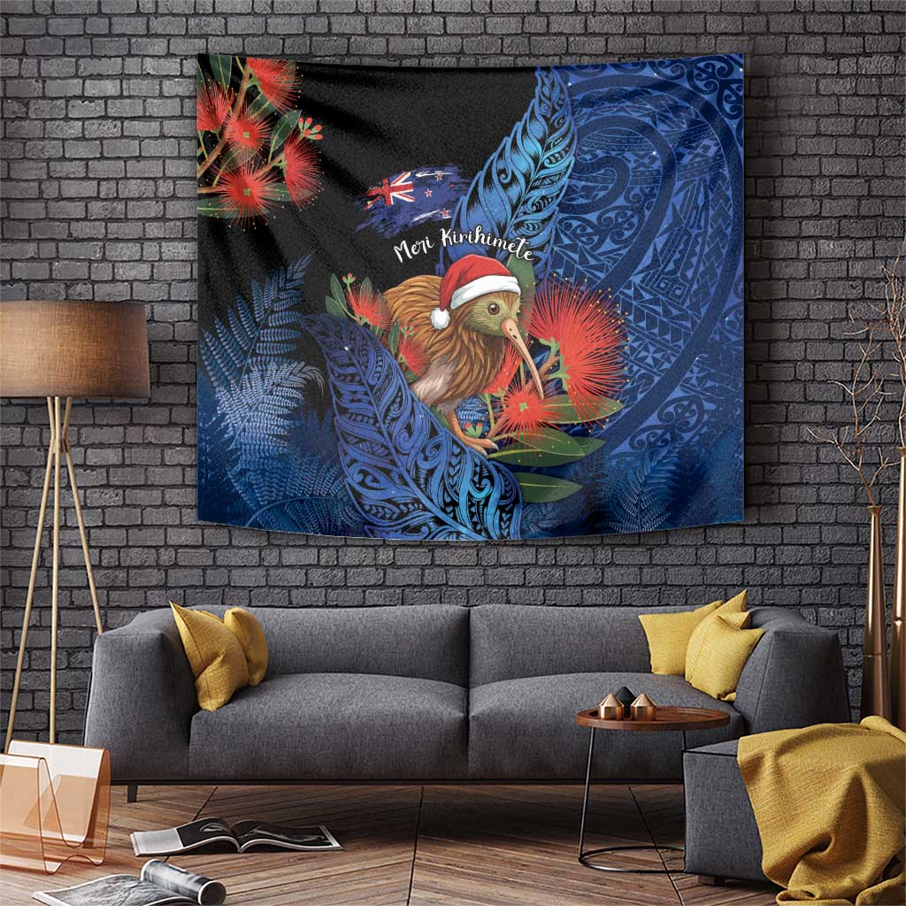 New Zealand Christmas Tapestry Santa Kiwi Bird With Pohutukawa Flowers - Polynesian Pride