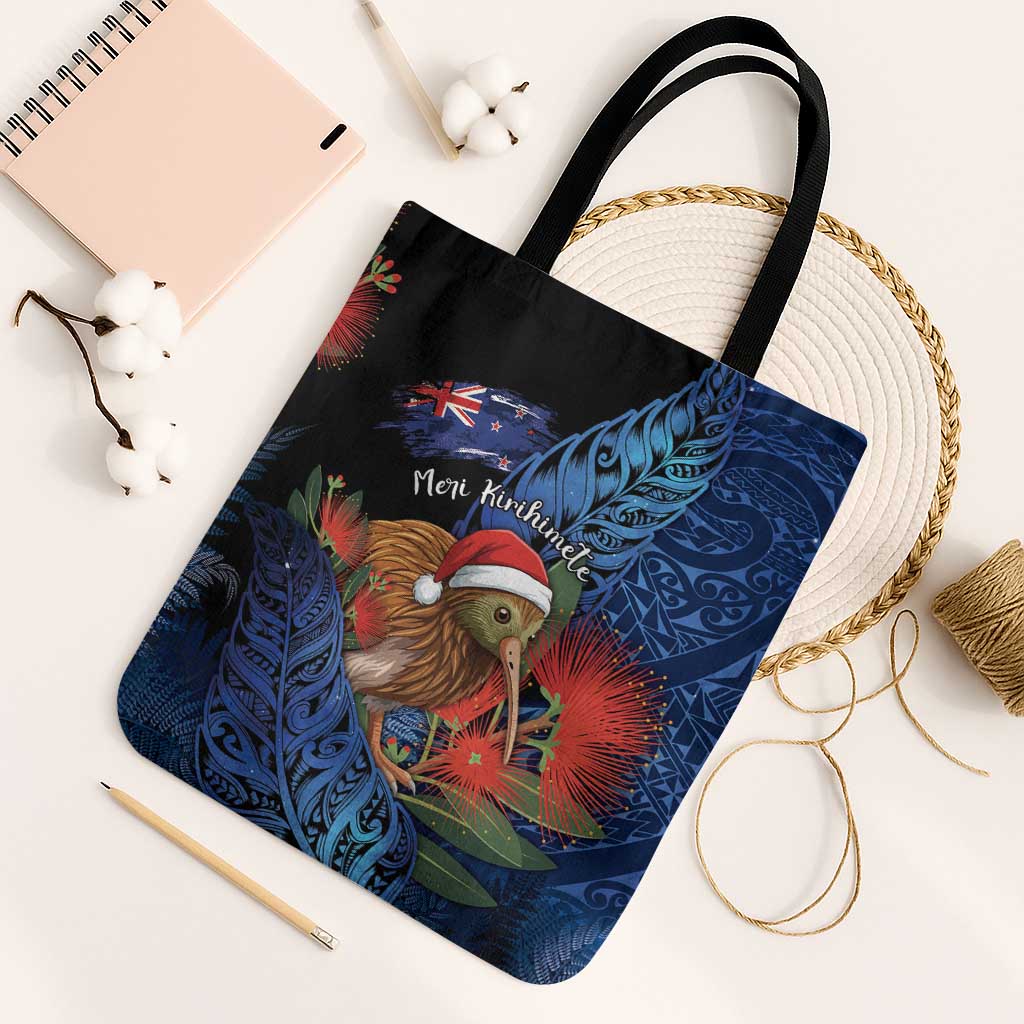 New Zealand Christmas Tote Bag Santa Kiwi Bird With Pohutukawa Flowers - Polynesian Pride