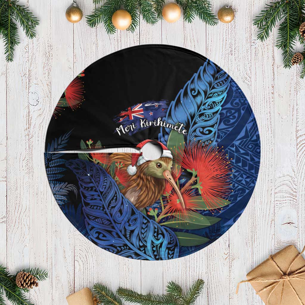New Zealand Christmas Tree Skirt Santa Kiwi Bird With Pohutukawa Flowers - Polynesian Pride
