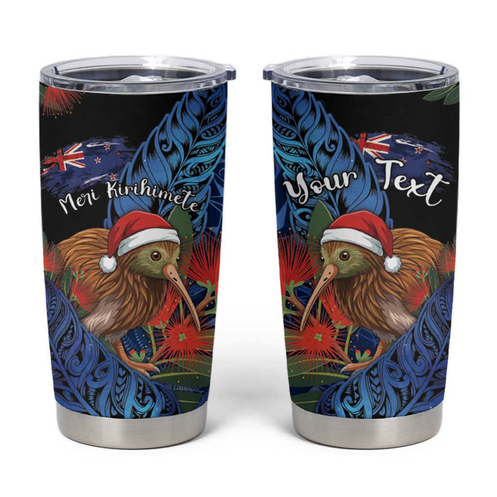 Personalised New Zealand Christmas Tumbler Cup Santa Kiwi Bird With Pohutukawa Flowers - Polynesian Pride