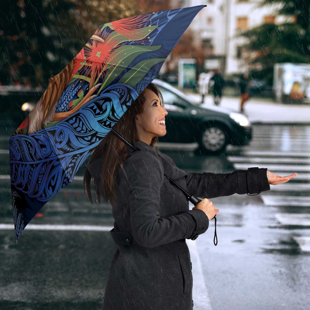 New Zealand Christmas Umbrella Santa Kiwi Bird With Pohutukawa Flowers - Polynesian Pride