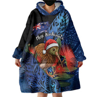 Personalised New Zealand Christmas Wearable Blanket Hoodie Santa Kiwi Bird With Pohutukawa Flowers - Polynesian Pride