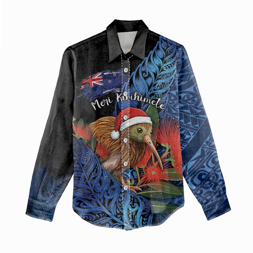 Personalised New Zealand Christmas Women Casual Shirt Santa Kiwi Bird With Pohutukawa Flowers - Polynesian Pride