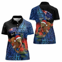 Personalised New Zealand Christmas Women Polo Shirt Santa Kiwi Bird With Pohutukawa Flowers - Polynesian Pride