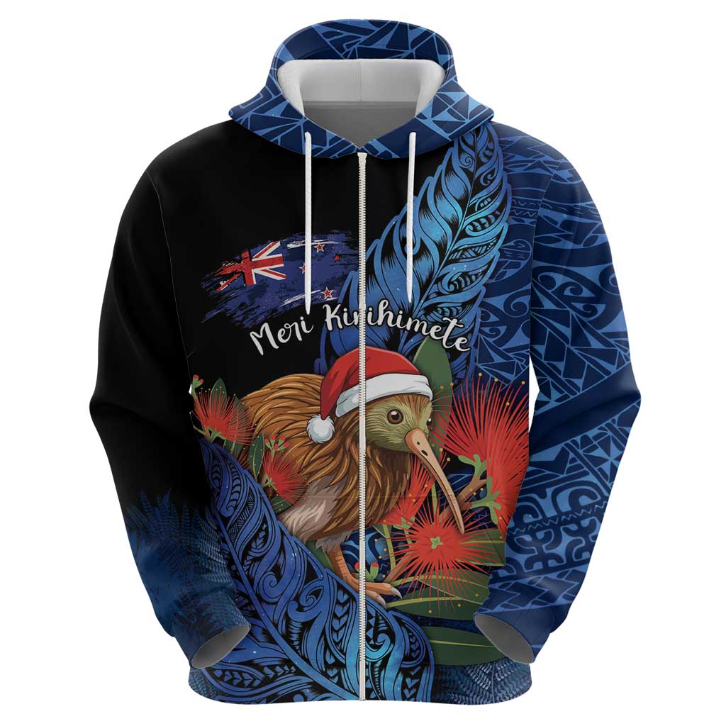 Personalised New Zealand Christmas Zip Hoodie Santa Kiwi Bird With Pohutukawa Flowers - Polynesian Pride
