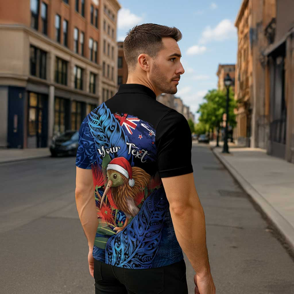 Personalised New Zealand Christmas Zipper Polo Shirt Santa Kiwi Bird With Pohutukawa Flowers - Polynesian Pride